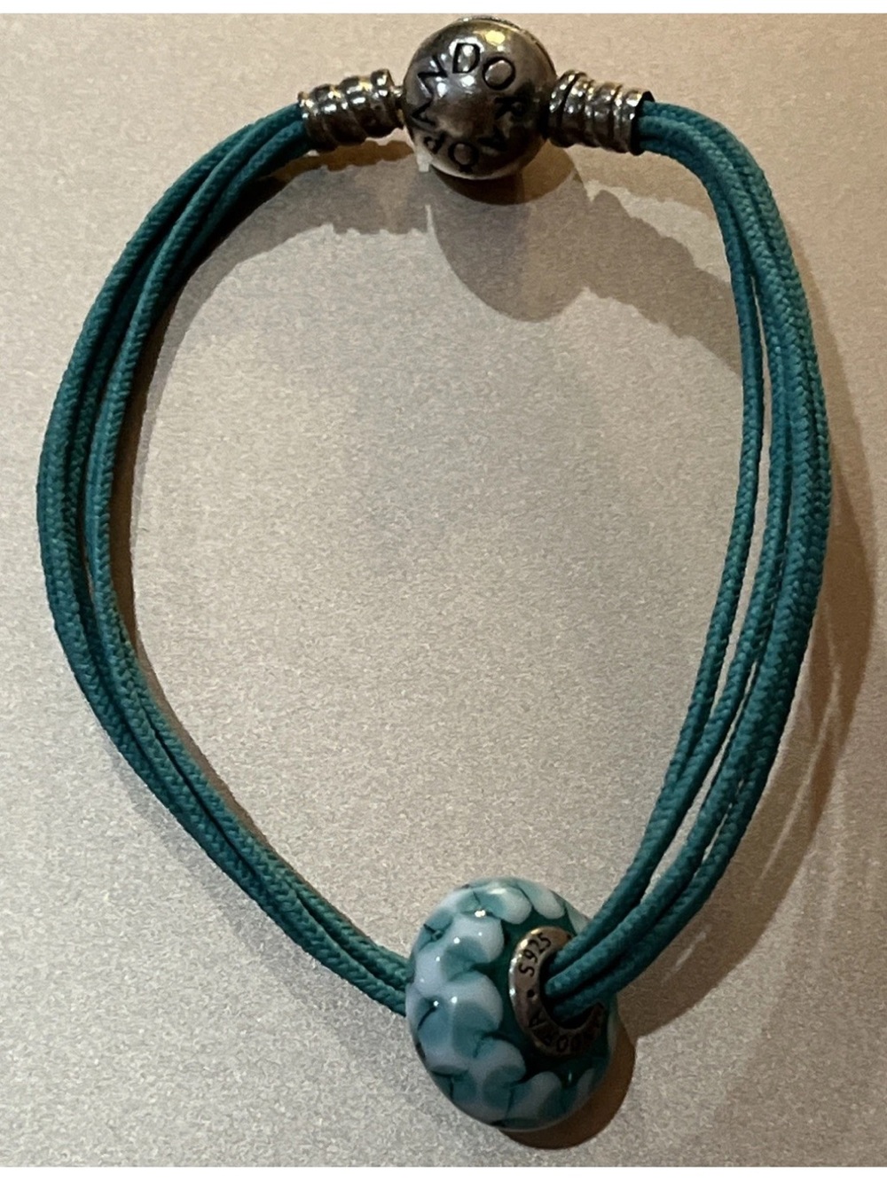 Pandora Teal Cord Bracelet with 925 silver Aqua Swirl Charm 6.5